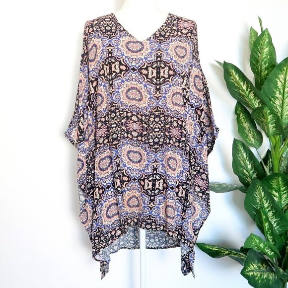 ASTR Blue Black Print Cold Shoulder Handkerchief Shift Mini Dress Tunic Coverup - Picture 4 of 13